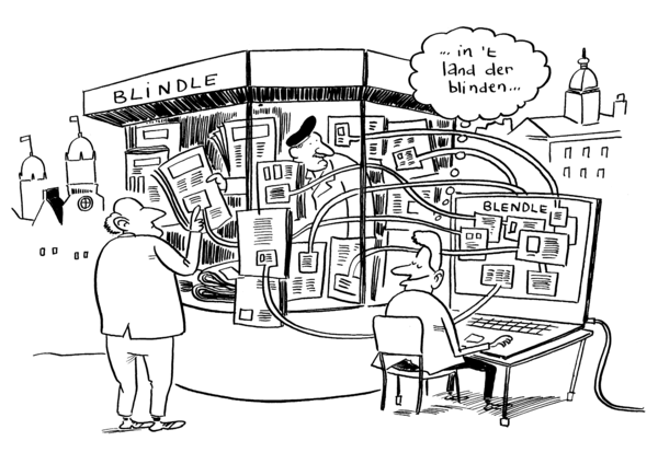 Cartoon Blendle: machine die krantenkoppen steelt uit kiosk met als opschrift 'Blindle', gedachtenballon '...in het land der blinden'